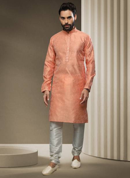 Peach Colour Ethnic Wear Mens Jacquard silk Kurta Pajama Collection 1533